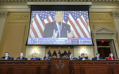 A video of then-US president Donald Trump speaking is displayed as the House select committee investigating the January 6 attack on the US Capitol holds a hearing on Capitol Hill in Washington, October 13, 2022. (Alex Wong/Pool Photo via AP)