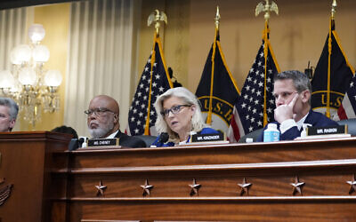 Vice Chair Liz Cheney, R-Wyo., speaks as the House select committee investigating the January 6 attack on the US Capitol, holds a hearing on Capitol Hill in Thursday, October 13, 2022. Chairman Bennie Thompson, D-Miss., is left, Rep. Adam Kinzinger, R-Ill., is right. (J. Scott Applewhite/AP)