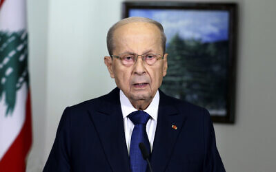 Lebanese President Michel Aoun gives a speech on the maritime border agreement with Israel in the presidential palace, in Baabda, east of Beirut, Lebanon, October 13, 2022. (Dalati Nohra via AP)