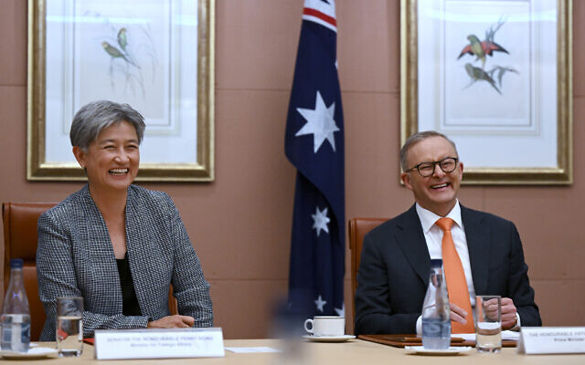 Australian Foreign Minister Penny Wong, left, and Australian Prime Minister Anthony Albanese at Parliament House in Canberra,  Oct. 18, 2022. (Lukas Coch/Pool via AP)