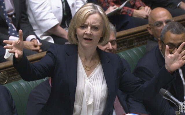 In this screen grab taken from video from the House of Commons, UK Prime Minister Liz Truss speaks during Prime Minister's Questions in the House of Commons in London, October 19, 2022. (House of Commons/PA via AP)