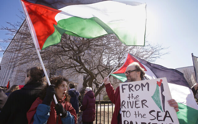 Illustrative: Pro-Palestinian protestors march along Huntington Avenue at Northeastern University on March 18, 2014. (AP/Stephan Savoia)