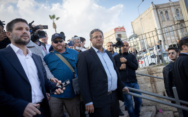 Members of Knesset Bezalel Smotrich, and Itamar Ben Gvir, along with MKs from the Religious Zionism party, visit at Damascus Gate in Jerusalem’s Old City, on October 20, 2021. (Yonatan Sindel/Flash90)