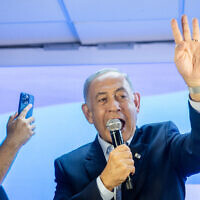 Head of the Likud party Benjamin Netanyahu at an election event in the Kiryat Yovel neighborhood of Jerusalem, September 11, 2022. (Yonatan Sindel/Flash90)