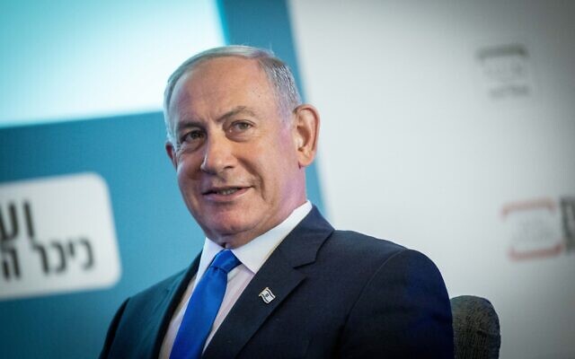 Head of the Likud party Benjamin Netanyahu attends Kikar HaShabbat conference at the Waldorf Astoria Jerusalem Hotel, September 12, 2022. (Yonatan Sindel/Flash90)