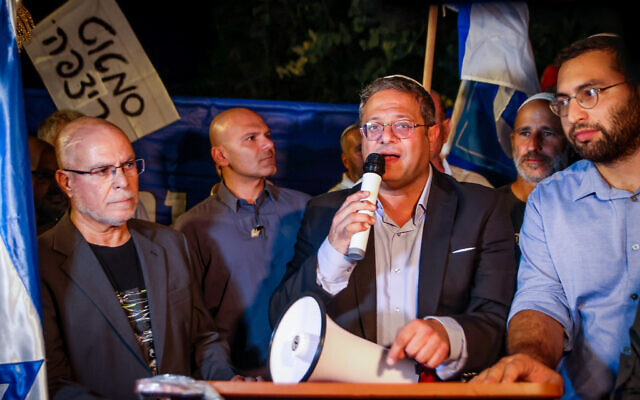 MK Itamar Ben Gvir, head of the Otzma Yehudit political party visits in Kibbutz Ayelet HaShahar, northern Israel, October 6, 2022. (David Cohen/Flash90)