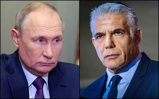 Left: Russian President Vladimir Putin during a meeting in St. Petersburg, Russia, Sunday, Oct. 9, 2022. (Gavriil Grigorov, Sputnik, Kremlin Pool Photo via AP); Right: Israeli Prime Minister Yair Lapid at a state memorial ceremony for fallen soldiers in Jerusalem, October 06, 2022 (Olivier Fitoussi/Flash90)
