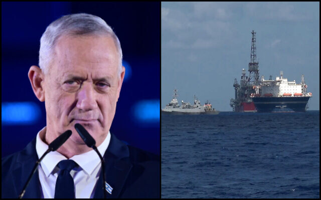 Left: Defense Minister Benny Gantz speaks at the launch of the National Unity party campaign for the upcoming elections in Tel Aviv, September 6, 2022. (Tomer Neuberg/Flash90); Right: An Israeli Sa’ar Class 5 Corvette guards the Energean floating production, storage and offloading vessel at the Karish gas field, in footage published by the military on July 2, 2022. (Israel Defense Forces)