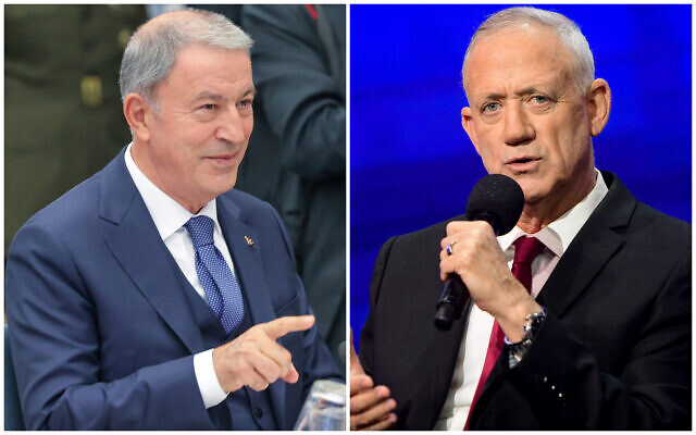 Turkish Defense Minister Hulusi Akar (left) during a meeting at NATO headquarters in Brussels, October 12, 2022, and Defense Minister Benny Gantz (right) at a conference in Rishon LeZion, October 20, 2022. (AP Photo/Olivier Matthys; Avshalom Sassoni/Flash90)