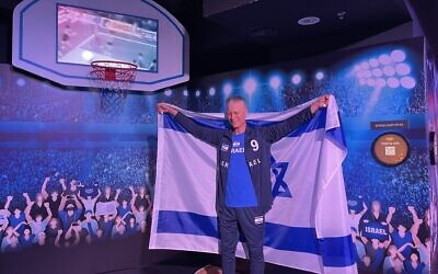 Former Israeli basketball player US-born Tal Brody, sculpted in wax and fiberglass at Israel's first Wax Museum, opened October 2022 (Jessica Steinberg/Times of Israel)