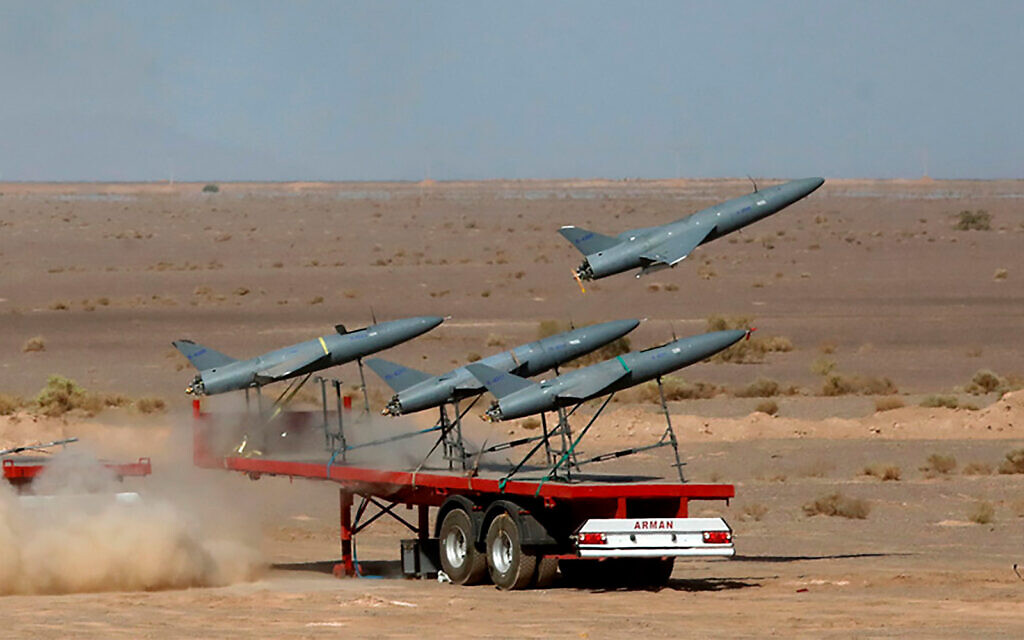 Illustrative: In this photo released by the Iranian Army on August 25, 2022, a drone is launched in a military drone drill in Iran. (Iranian Army via AP)