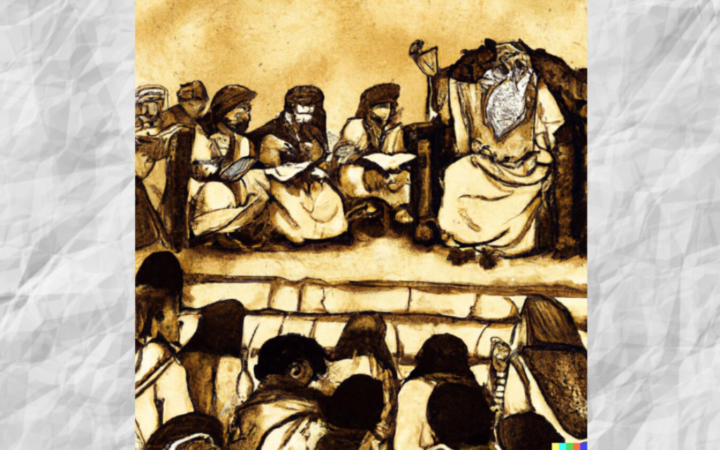An AI-generated illustration of an ancient king reading the Torah to an assembly of Jewish men, women and children, in keeping with the commandment of hakhel. (Image generated by DALL-E via JTA)