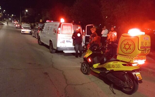 A photo from the Magen David Adom ambulance service shows the scene of a suspected shooting attack near the West Bank settlement of Kiryat Arba on October 29, 2022. (Magen David Adom)