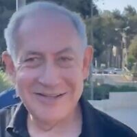 Former prime minister Benjamin Netanyahu jogs in Jerusalem on October 6, soon after his release from Shaare Zedek Medical Center. He was there overnight for observation after feeling unwell during Yom Kippur synagogue services the previous evening. (Twitter screenshot; used in accordance with clause 27a of the Copyright Law)
