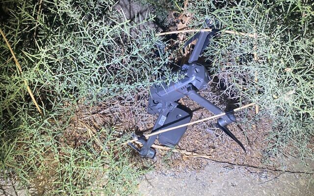 A drone belonging to the Hamas terror group is seen after being downed by troops on the border with the Gaza Strip, on October 11, 2022. (Israel Defense Forces)