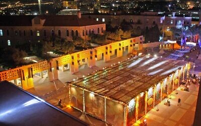 Jerusalem's giant sukkah at Safra Square, hosting events and activities throughout the seven days of Sukkot, October 10-16, 2022 (Courtesy Jerusalem Municipality)