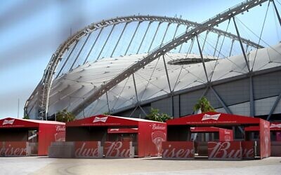 Budweiser beer kiosks are pictured at the Khalifa International Stadium in Doha on November 18, 2022, ahead of the Qatar 2022 World Cup football tournament (MIGUEL MEDINA / AFP)