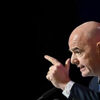 FIFA President Gianni Infantino speaks during a press conference at the Qatar National Convention Center (QNCC) in Doha on November 19, 2022, ahead of the Qatar 2022 World Cup. (Fabrice Coffrini/AFP)
