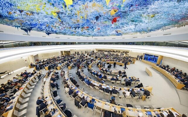 A general view taken on November 24, 2022, shows the assembly during a special session of the UN Human Rights Council on the situation in Iran, at the United Nations in Geneva. (VALENTIN FLAURAUD / AFP)