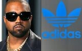 This combination of photos shows Kanye West attending the 2020 Vanity Fair Oscar Party in Beverly Hills on February 10, 2020 (L) and the logo of German sports equipment maker Adidas on a shop in Munich, southern Germany on March 10, 2021. (Jean-Baptiste Lacroix and Christof Stache/AFP)
