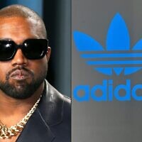 This combination of photos shows Kanye West attending the 2020 Vanity Fair Oscar Party in Beverly Hills on February 10, 2020 (L) and the logo of German sports equipment maker Adidas on a shop in Munich, southern Germany on March 10, 2021. (Jean-Baptiste Lacroix and Christof Stache/AFP)