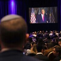 Former US president Donald Trump speaks virtually at the Republican Jewish Coalition Annual Leadership Meeting in Las Vegas, Nevada, on November 19, 2022. (Scott Olson/ AFP)