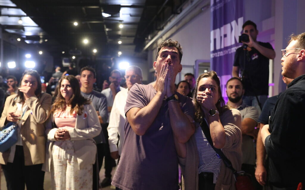 Supporters of the liberal Labor party react as the results of the Israeli elections are announced, in Tel Aviv, November 1, 2022. (Noam Revkin Fenton/Flash90/ via JTA)