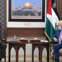US Deputy Assistant Secretary of State for Israeli and Palestinian Affairs Hady Amr (L) meets with Palestinian Authority President Mahmoud Abbas in Ramallah on May 17, 2021. (Wafa)
