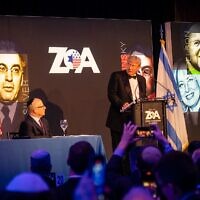 Former US president Donald Trump addresses the Zionist Organization of America in New York City, November 13, 2022. (Luke Tress/Times of Israel)