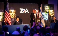 Former US president Donald Trump addresses the Zionist Organization of America in New York City, November 13, 2022. (Luke Tress/Times of Israel)
