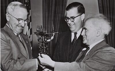 Prime Minister David Ben-Gurion, accompanied by Israel Ambassador to the U.S. Abba Eban, visits President Harry Truman during their visit to the states, 1/5/1951. (Government Press Office, FRITZ COHEN)