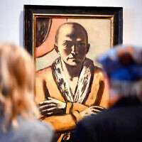 Selbstbildnis gelb-rosa (Self-Portrait Yellow-Pink) by Max Beckmann on display at the Grisebach auction house in Berlin ( Tobias Schwarz/AFP)