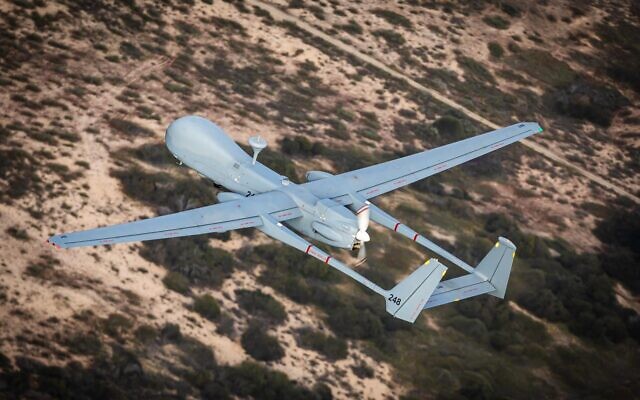 Illustrative: An IAI Heron TP is seen flying over Israel in early August 2022. (Israel Defense Forces)
