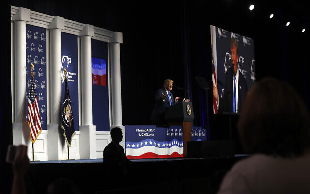 US President Donald Trump speaks at the Republican Jewish Coalition's annual leadership meeting, Saturday April 6, 2019, in Las Vegas. (AP Photo/Jacquelyn Martin)
