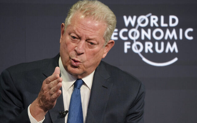 Former US vice president Al Gore speaks during a conversation at the World Economic Forum in Davos, Switzerland, May 25, 2022. (AP Photo/Markus Schreiber)
