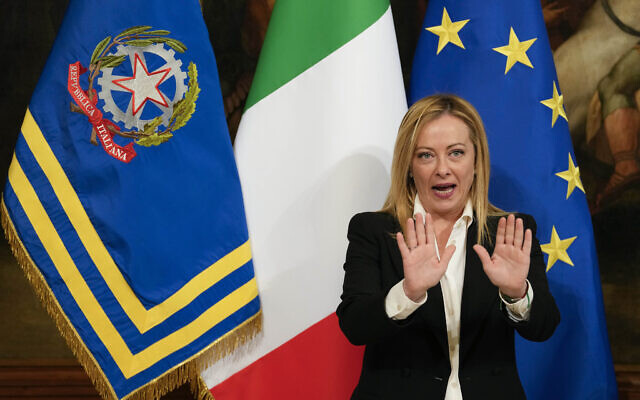 Italian Prime Minister Giorgia Meloni at Chigi Palace Premier's office, in Rome, October 23, 2022 (AP Photo/Andrew Medichini)