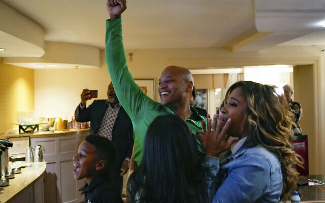 Democrat Wes Moore, his wife Dawn, and their children, react after Moore was declared the winner of the Maryland gubernatorial race, in Baltimore, November 8, 2022. (Bryan Woolston/AP)