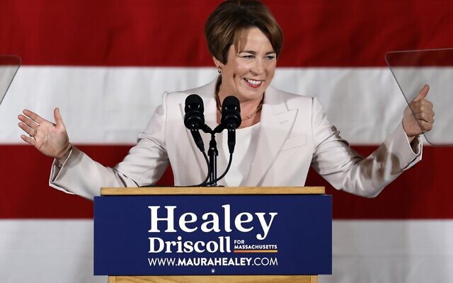 Massachusetts Gov.-elect Maura Healey speaks during a Democratic election night party in Boston, November 8, 2022. (Michael Dwyer/AP)