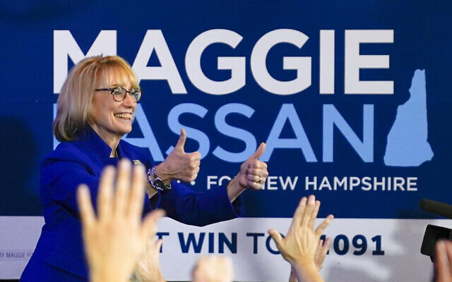 Sen. Maggie Hassan, D-New Hampshire, gives two thumbs up to supporters during an election night campaign event in Manchester, New Hampshire, November 8, 2022. (Charles Krupa/AP)