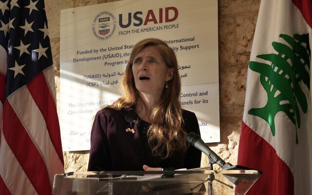 USAID chief Samantha Power speaks to journalists during her visit to solar panels system in the Lebanese-Syrian border town of Majdal Anjar, eastern Bekaa valley, Lebanon, Wednesday, Nov. 9, 2022 (AP Photo/Bilal Hussein)