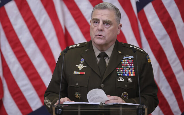 Chairman of the Joint Chiefs of Staff Gen. Mark Milley speaks during a media conference after a meeting of NATO defense ministers at NATO headquarters in Brussels, Oct. 12, 2022. (AP/Olivier Matthys, File)