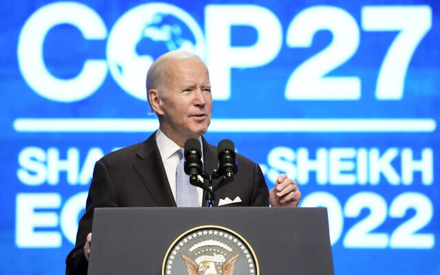 US President Joe Biden speaks at the COP27 UN Climate Summit, November 11, 2022, at Sharm el-Sheikh, Egypt. (AP Photo/Alex Brandon)