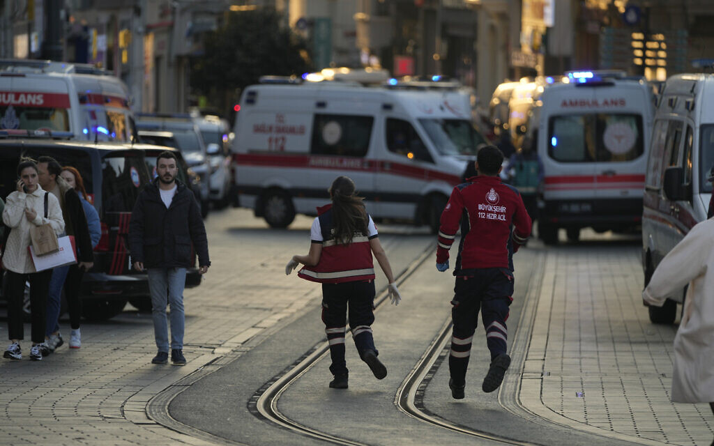 Security and ambulances at the scene of an explosion on Istanbul's popular pedestrian Istiklal Avenue, November 13, 2022. (AP Photo/Francisco Seco)