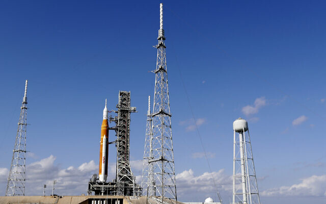 NASA's new moon rocket sits on Launch Pad 39-B Monday, Nov. 14, 2022, in Cape Canaveral, Fla.  (AP Photo/John Raoux)