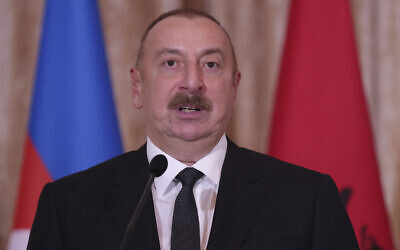 Azerbaijani President Ilham Aliyev speaks during a news conference at the Palace of Brigades in Tirana, Albania, Nov. 15, 2022 (AP Photo/Franc Zhurda)