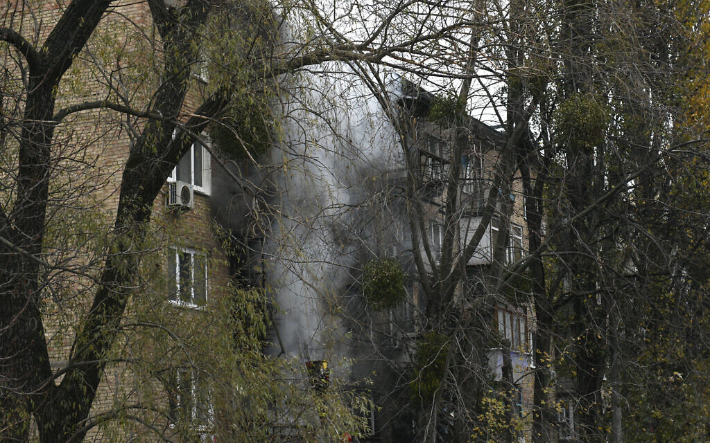 A damaged building seen at the scene of Russian shelling in Kyiv, Ukraine, November 15, 2022. (AP Photo/Andrew Kravchenko)