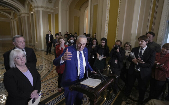 Senate Majority Leader Chuck Schumer, D-N.Y., joined from left by Sen. Patty Murray, D-Wash., Majority Whip Dick Durbin, D-Ill., and Sen. Debbie Stabenow, D-Mich., speaks to reporters following a closed-door policy meeting on the lame duck agenda, at the Capitol in Washington, Tuesday, Nov. 15, 2022. (AP/J. Scott Applewhite)