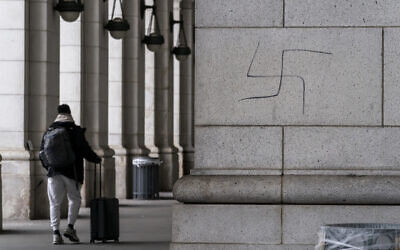 Illustrative: A hand-drawn swastika is seen on the front of Union Station near the Capitol in Washington, DC, January 28, 2022. (AP/J. Scott Applewhite, File)