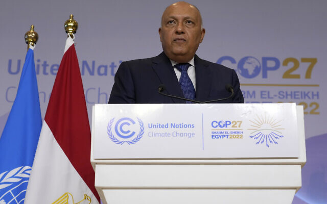 Sameh Shoukry, president of the COP27 climate summit, speaks at the summit, November 19, 2022, in Sharm el-Sheikh, Egypt. (AP Photo/Peter Dejong)