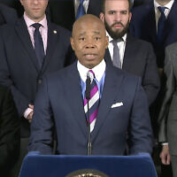New York City mayor Eric Adams speaking during a news conference after the arrest of two suspects for an attempted attack on a synagogue, in New York, November 21, 2022.  (NYC Office of the Mayor via AP)